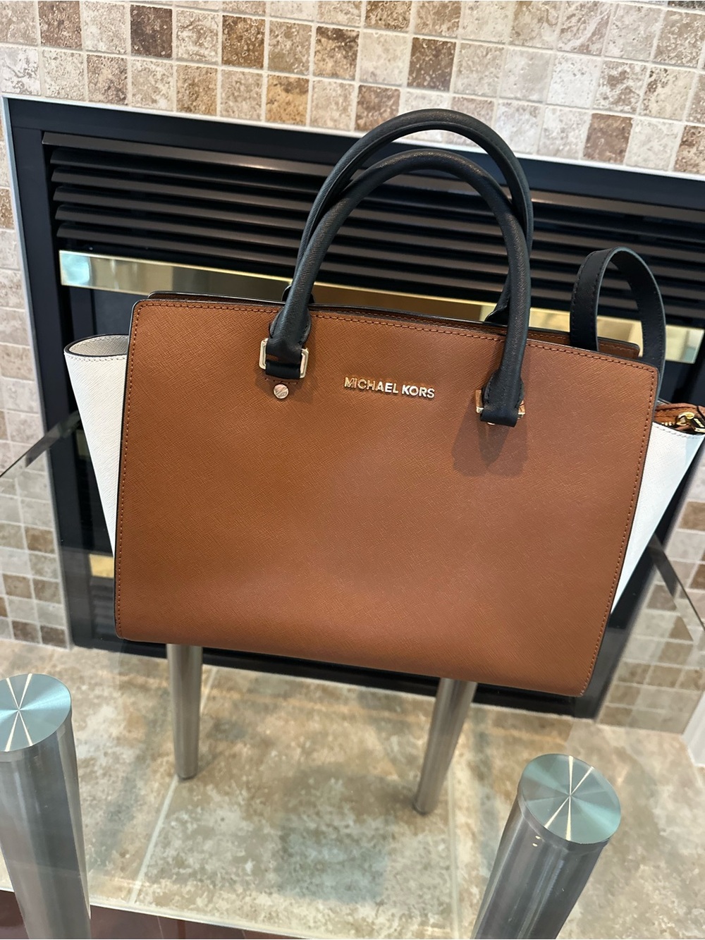 Michael Kors Brown, White & Black Colorblock Saffiano Dome Satchel